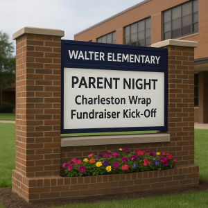 Sign announcing Parent Night at Charleston Wrap, featuring event details and date for parents to attend.