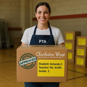 A woman holds a box labeled "Charleston Wrap," smiling and showcasing the product in a bright, inviting setting.