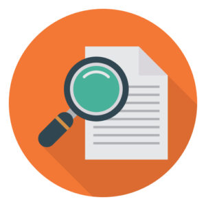 graphic decorative image of an orange circle with a white sheet of paper and dark grey and light green magnifying glass.