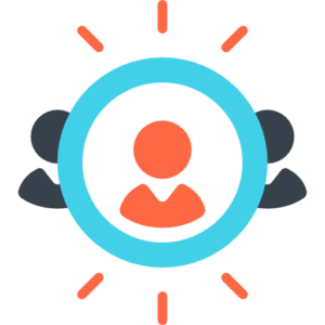 decorative graphic image of an orange person icon in a blue circle with white background and two dark blue person icons halfway behind the circle.