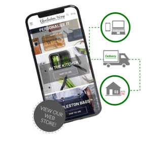Charleston Wrap mobile web store interface showcasing personalized gifts, kitchen items, and bags, with icons illustrating online shopping, delivery, and home arrival.