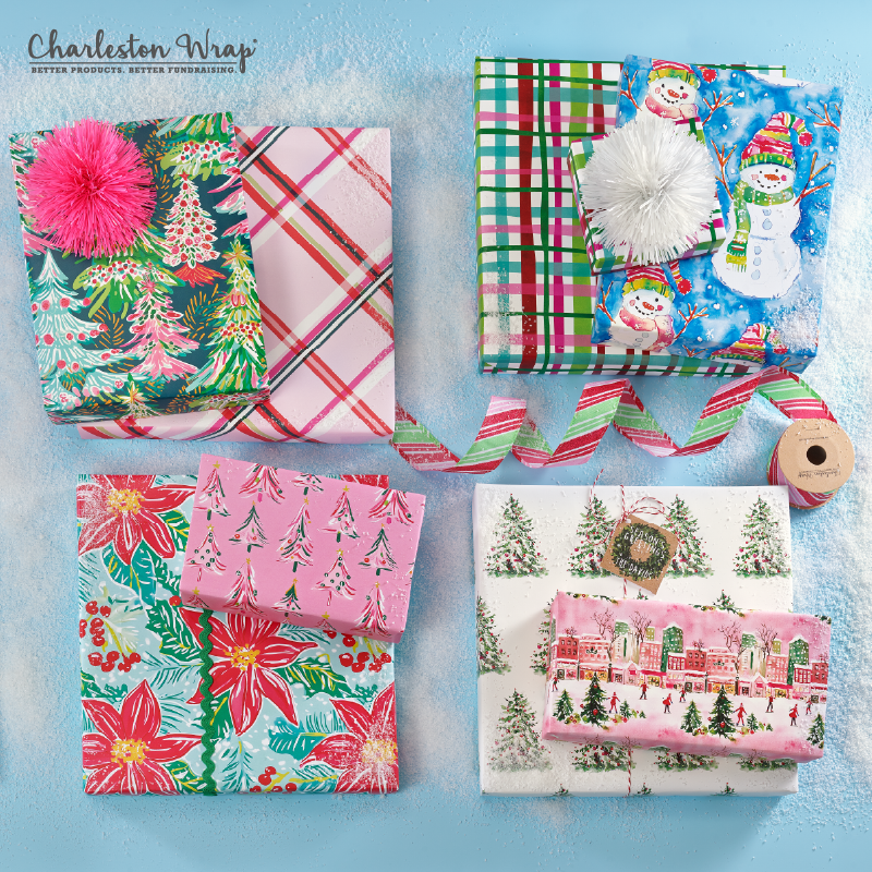 Colorful Christmas wrapping paper featuring a cheerful snowman and a decorated tree against a festive background.