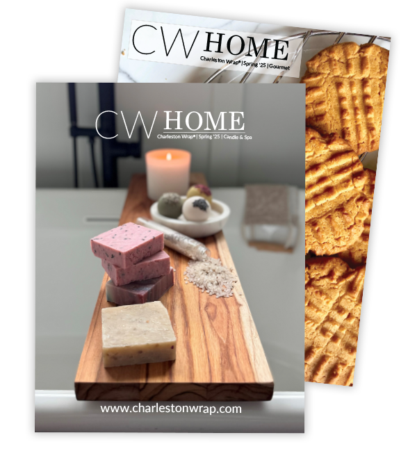  Spring 2024 Cover of CW Home, Charleston Wrap, magazine featuring candles, plants, and decorative items arranged aesthetically.