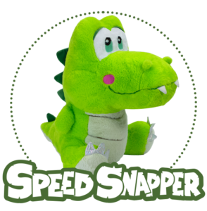 Speed Snapper plush toy, a bright green cartoon-style alligator with big eyes, sparkly claws, and a friendly expression.