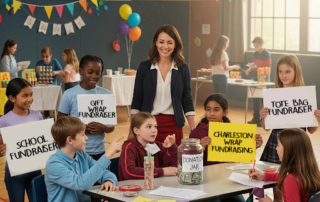 A group of children gathers around a table, holding colorful signs promoting their school fundraising efforts. Charleston Wrap, School Fundraising, Tote Bag Fundraising, Gift Wrap Fundraising