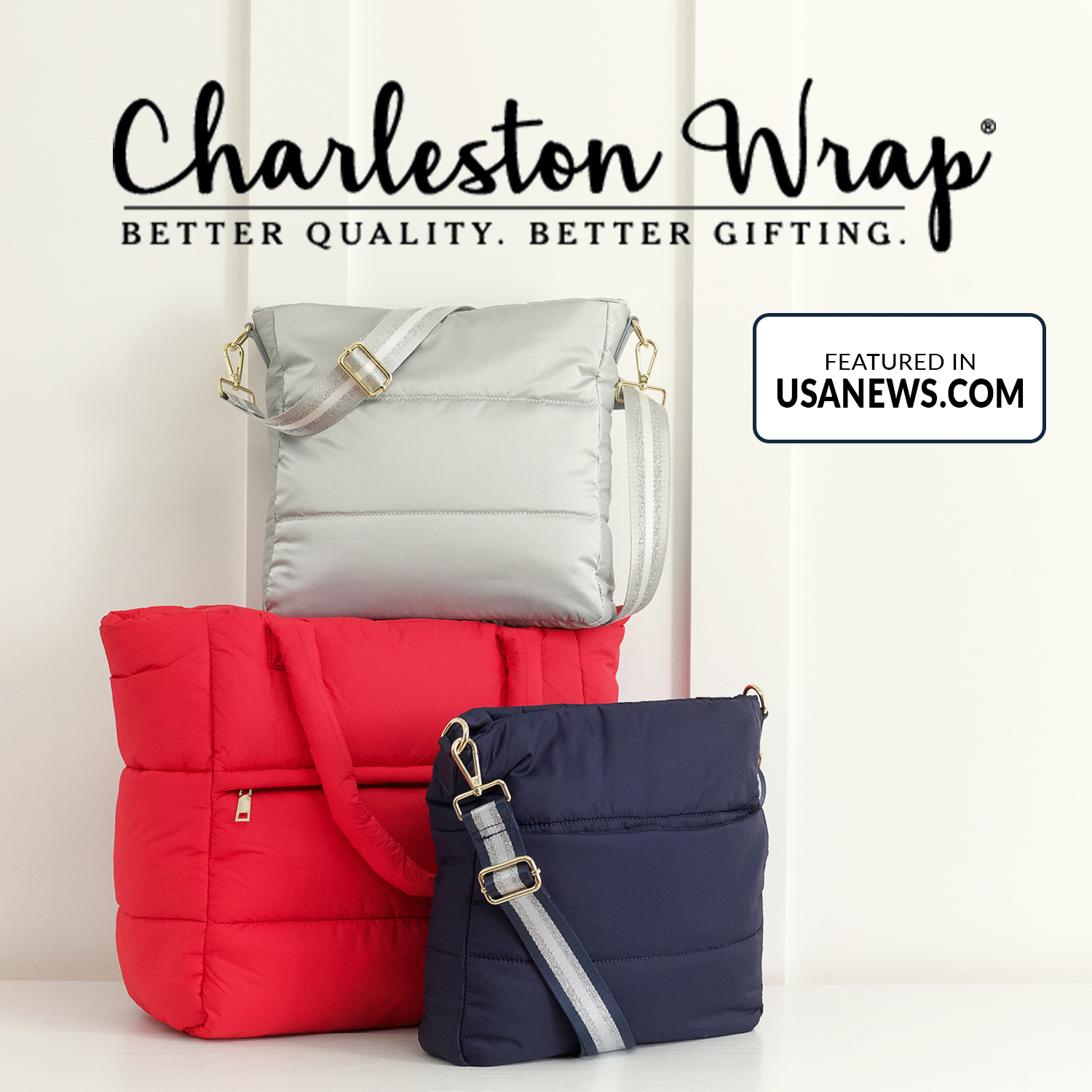Charleston wrap bags displayed in various colors and patterns, showcasing their stylish and versatile design. Labeled "Featured in USANEWS.com"