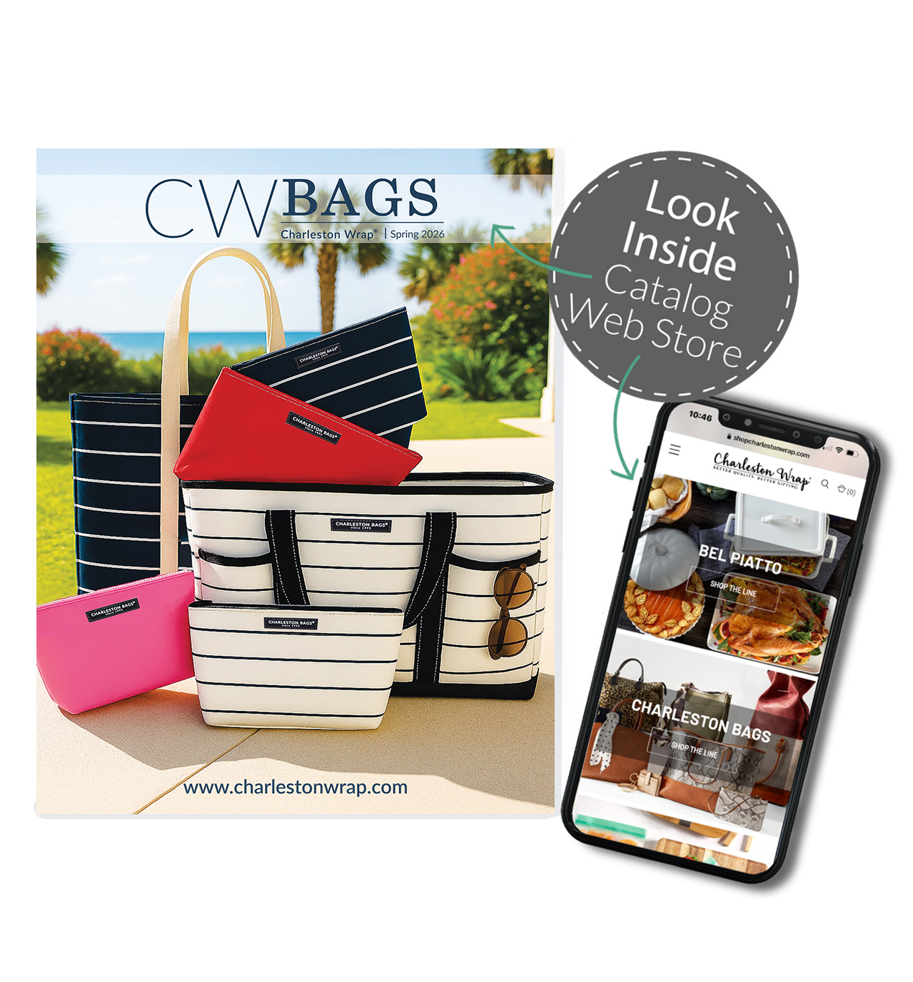 CW Bags catalog cover with phone preview