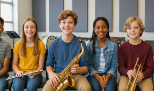 A group of young musicians seated in a music room, collaborating on a fundraising project for their band and choir.