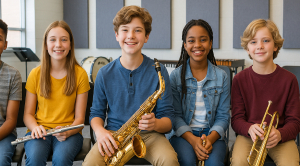 A group of young musicians seated in a music room, collaborating on a fundraising project for their band and choir.