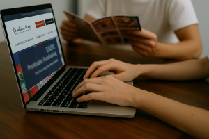 A person is working on a laptop with a person reading a magazine in the background. Looking at Charleston Wrap's online and catalog fundraising.