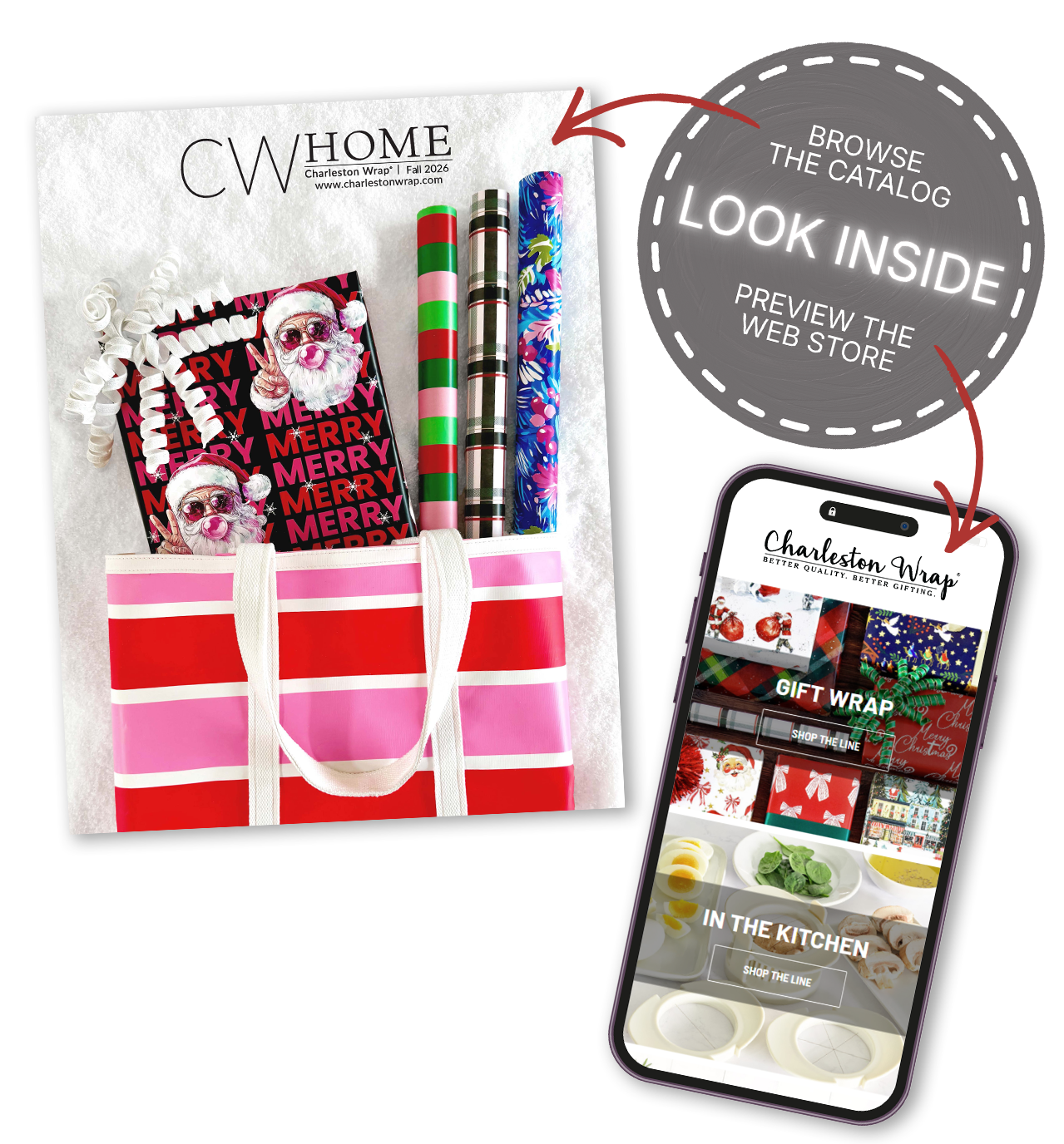 Charleston Wrap 2026 catalog cover and mobile phone displaying the online fundraising store