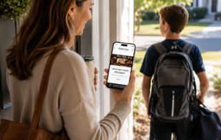 Parent using a phone to support a school fundraiser while her child leaves for school