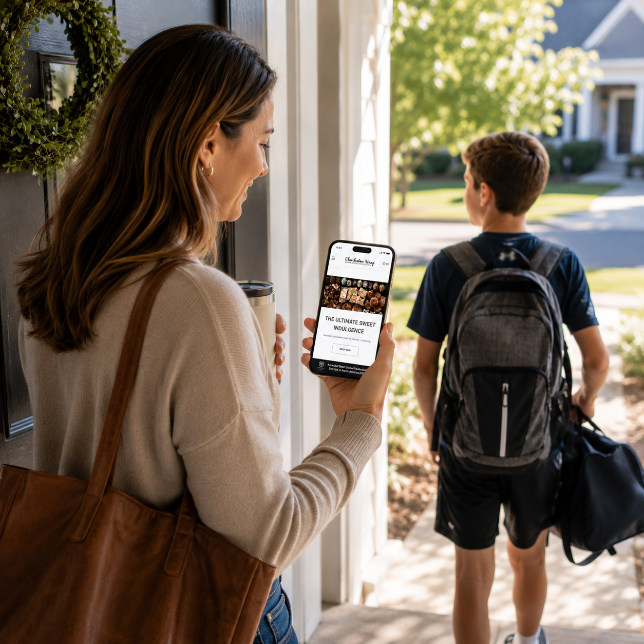 Parent using a phone to support a school fundraiser while her child leaves for school