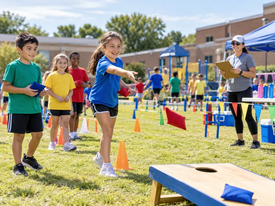 Students participating in a school field day with outdoor games and activities
