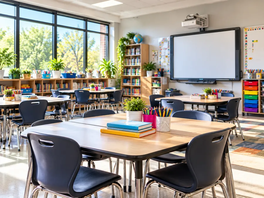 Bright classroom with desks, books, supplies, and technology for school improvement fundraising