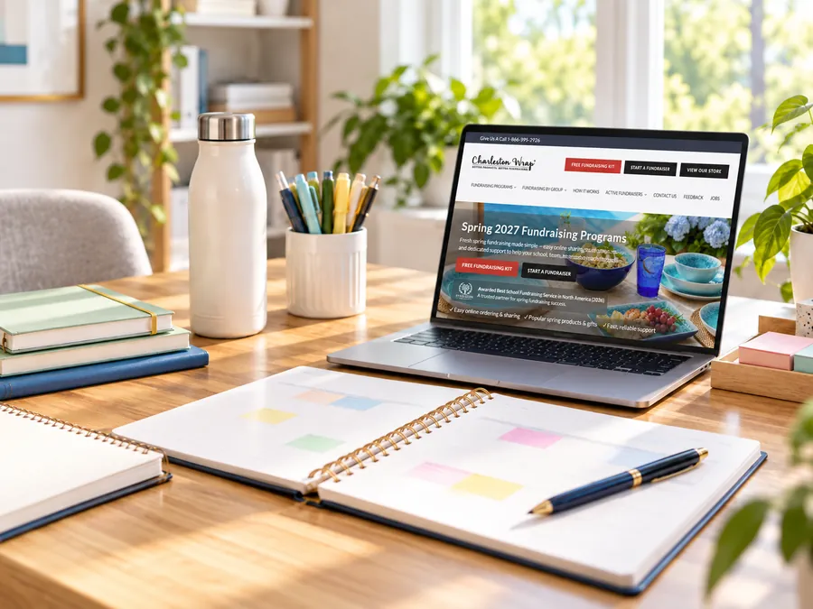 Planning workspace with laptop, notebook, calendar, and Charleston Wrap fundraising page on screen