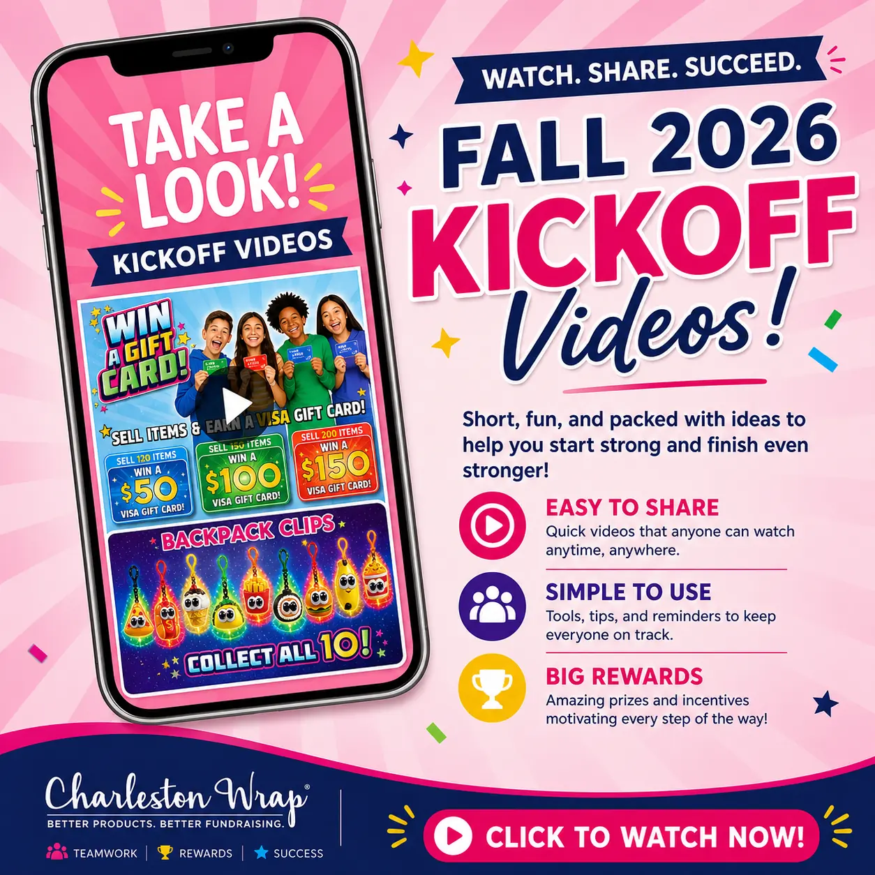 Fall 2026 Charleston Wrap kickoff videos featuring fundraising prizes, rewards, and participant motivation
